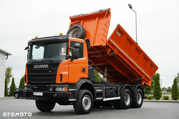 Scania G 440 / 6x6 / WYWROTKA TRZY-STRONNA / 2X HYDROBURTA / BOARDMATIC / OPONY 100% / MANUAL