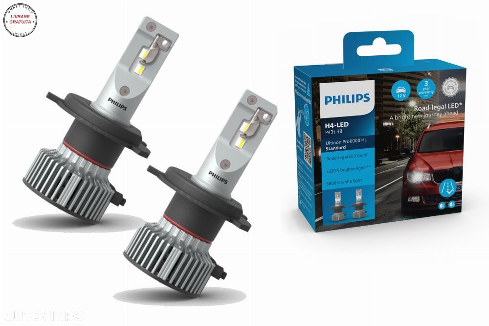Philips Bec LED H4 12V 19W Ultinon Pro6000 HL Standard 5800K (1set)- livrare gratuita - 1