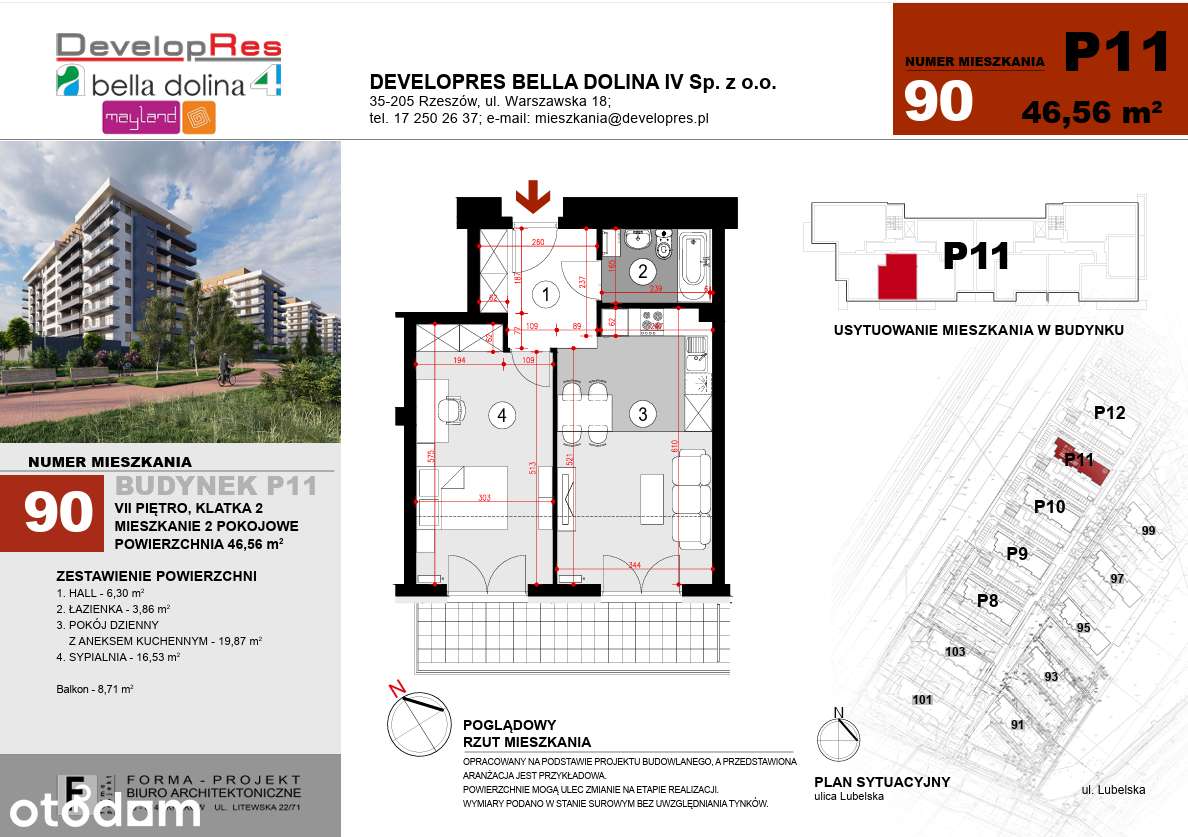 46,51 m², 7 piętro , balkon 8,71 m² , jasne wnętrza - P11-90