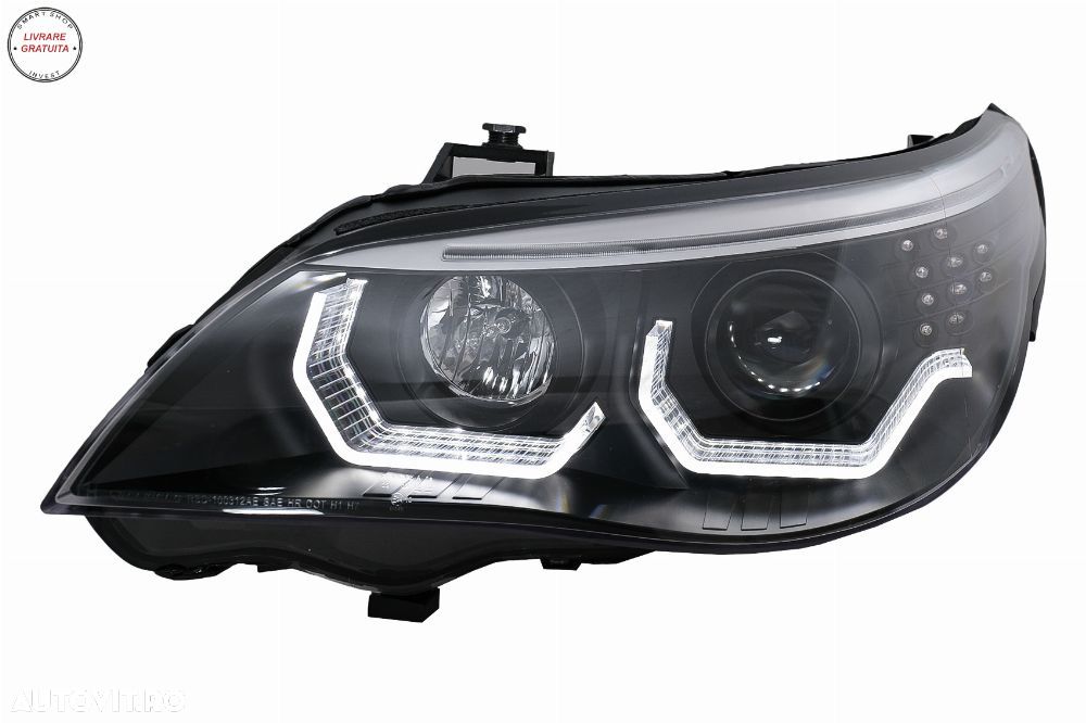 Faruri 3D LED Angel Eyes BMW Seria 5 E60 E61 (2003-2007) LCI Design Negru- livrare gratuita - 3