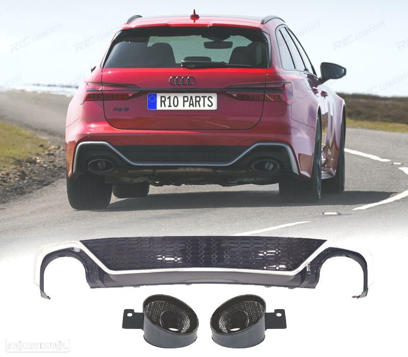 DIFUSOR TRASEIRO AUDI A6 19-24 LOOK RS6 PRETO CROMADO + PONTEIRAS - 1