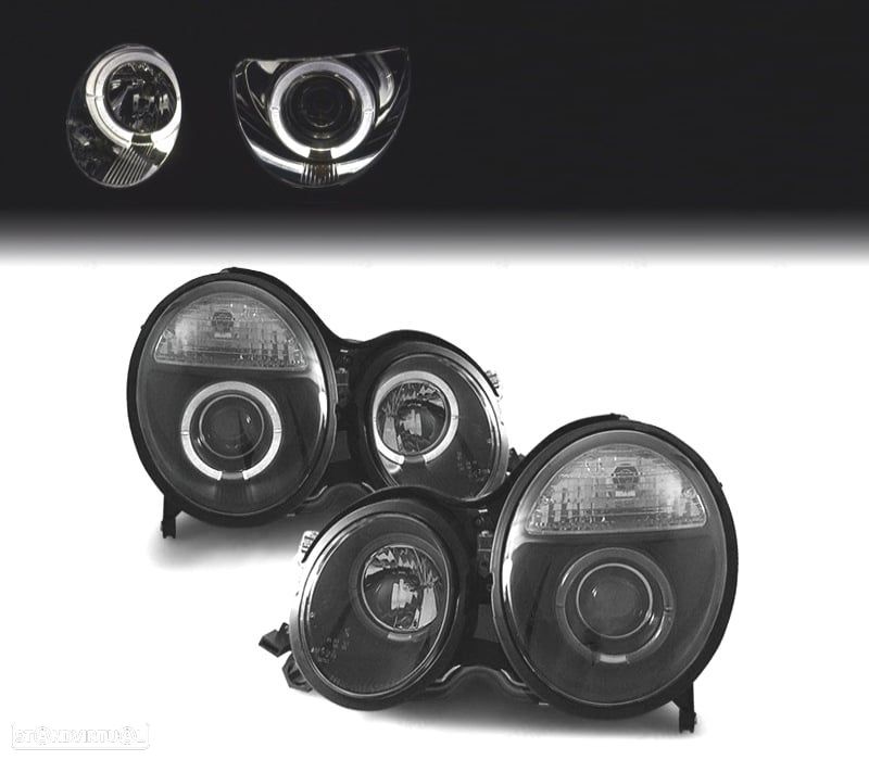 FARÓIS ANGEL EYES LUPA MERCEDES CLASE E W210 99-02 FUNDO PRETO - 1
