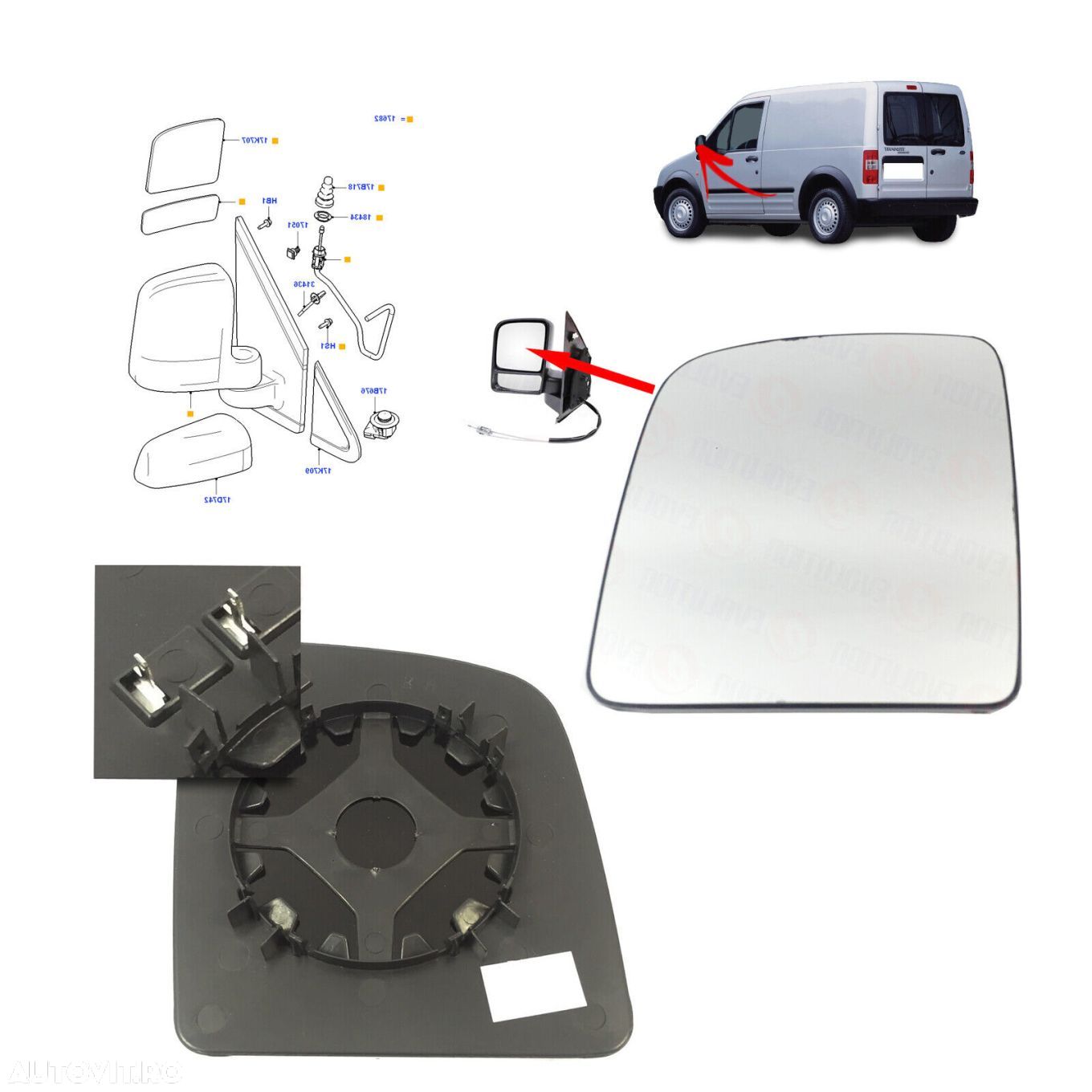 Geam oglinda exterioara Ford Transit/Tourneo Connect (C170), 05.2003-2009, partea stanga, incalzit; sticla convexa; geam cromat - 1