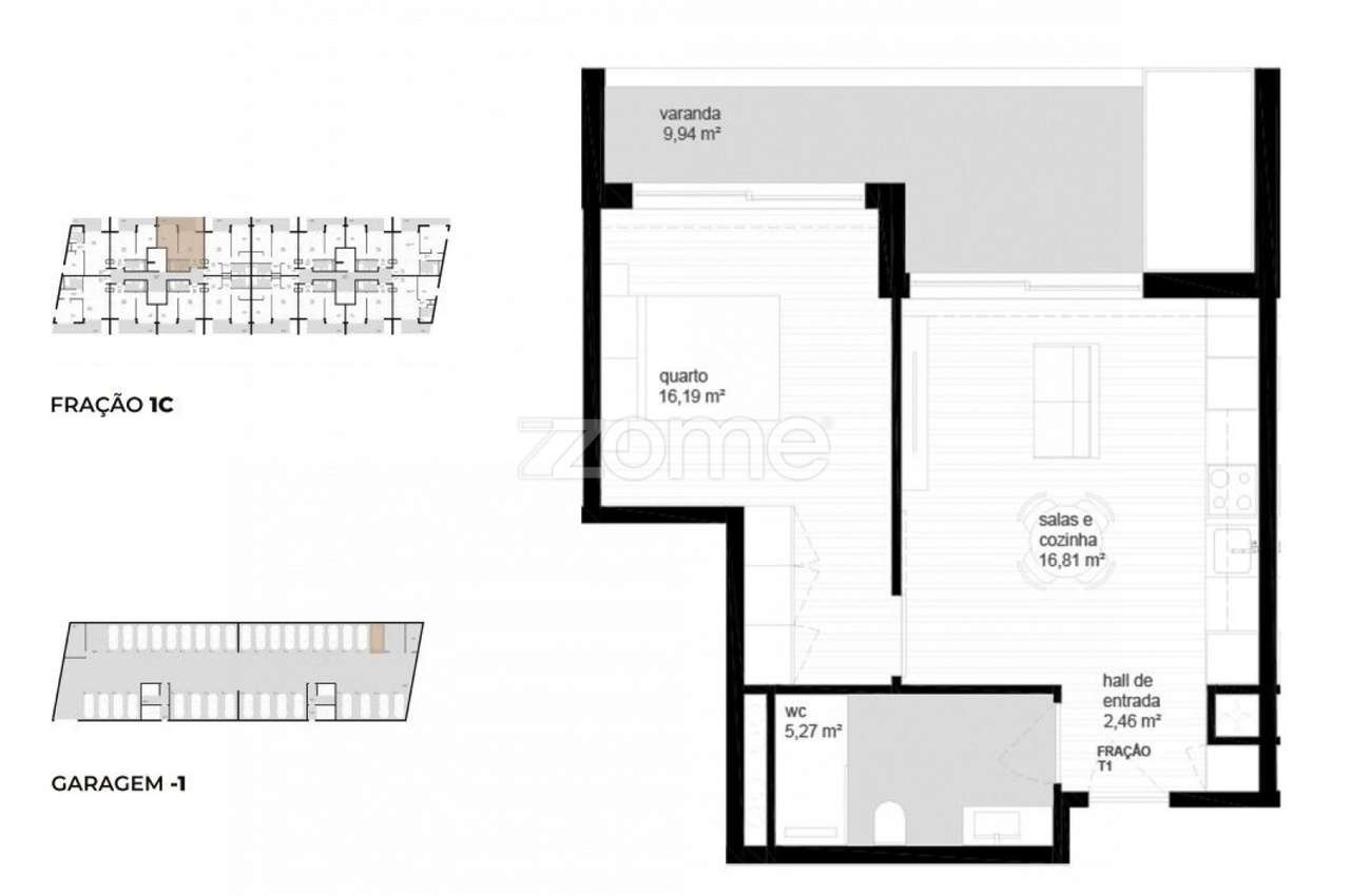 Apartamento T1 (1C) localizado no piso 1, com área total de 72.1 m2. - Grande imagem: 3/23