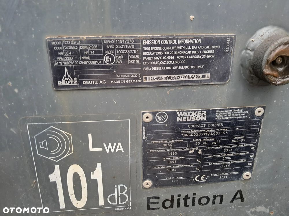 Wacker Neuson DW 50 WOZIDŁO OBROTOWE hydrostat automat ład. 5 t ton obrót + kiper ROK 2016 silnik DEUTZ mocne 74KM TURBO oświetlenie drogowe lusterka jazda szybka/wolna Terex ta6s ausa d600 apg Thwaites 6  Mecalac Jcb kierunkowskazy WYWROTKA DUMPER 4x4 budowlane sprawne - 17