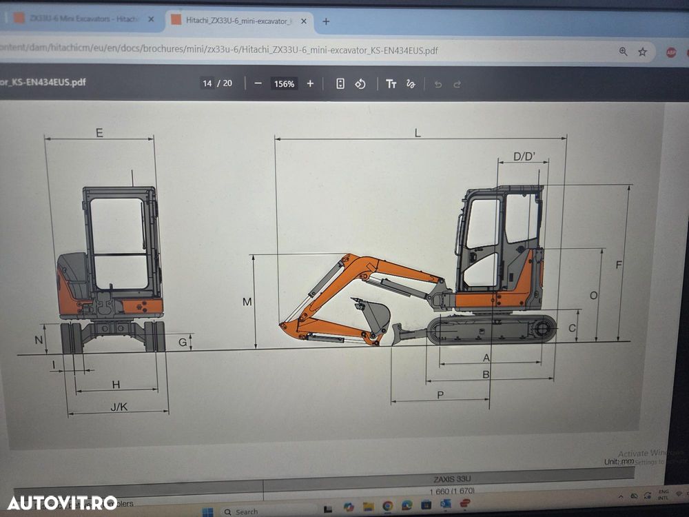 Hitachi 3,7 tone, Hitachi ZX33-6, 2023, 2.253h, CUPLA RAPIDA+3 cupe NOI, lama nivelare, inst picon pe brate, aer cond, antifurt, latime 1,55m, ad sapare, 3,5m, ridica 2,8t, posibilitate leasing 4 ani, senile 90% ok, PROMOTIE 36.900 EUR+Tva - 40