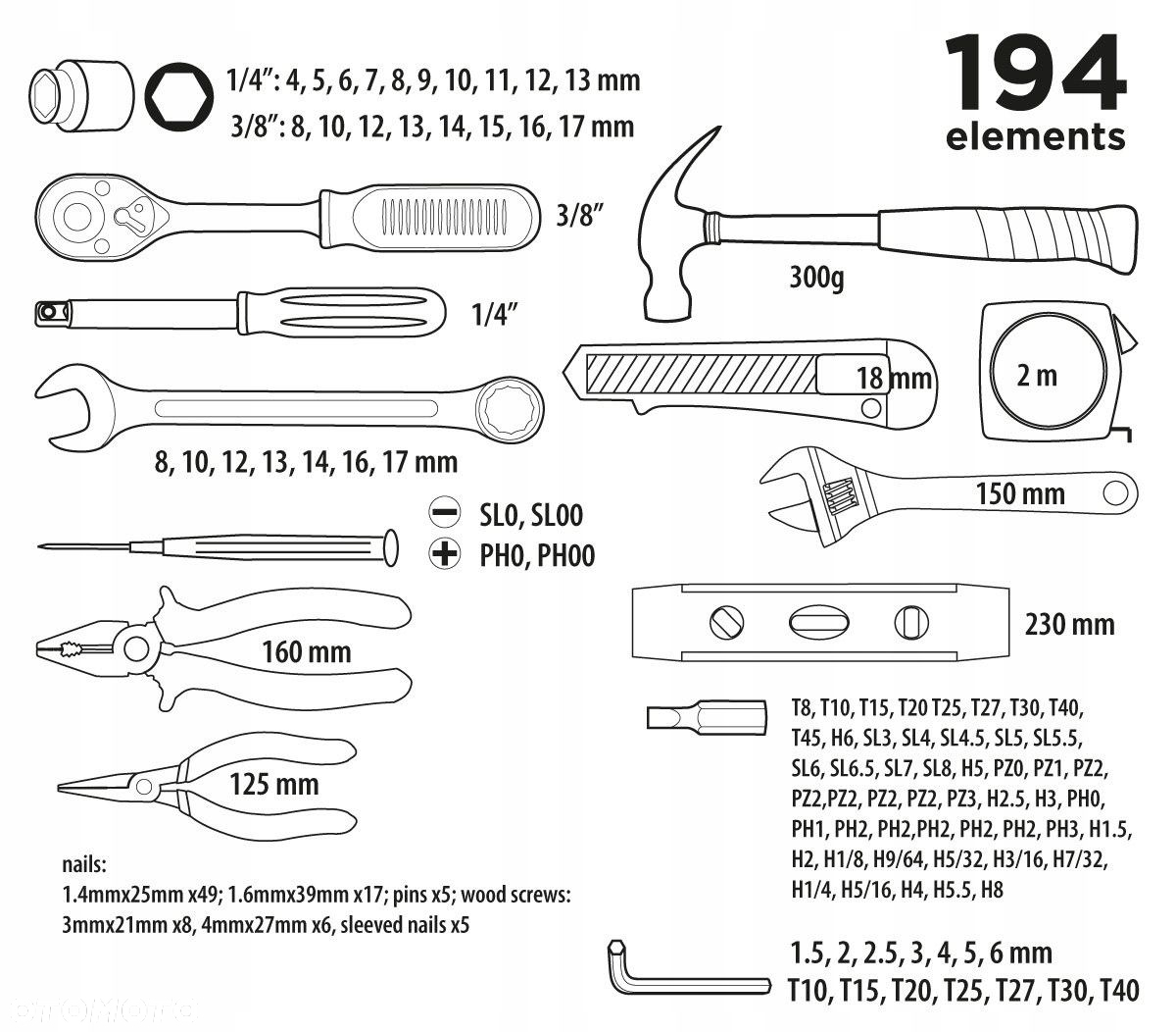 ZESTAW KLUCZE NASADOWE 1/4" 3/8" 194EL NARZĘDZI WALIZKA 38D545 TORX NASADKI - 7