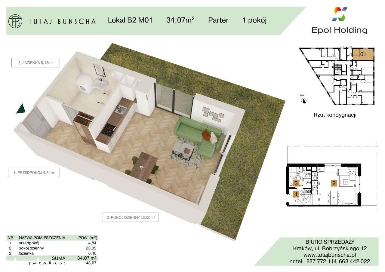 1-pokojowe mieszkanie 34 m2 + ogródek 48 m2, Bezpośrednio