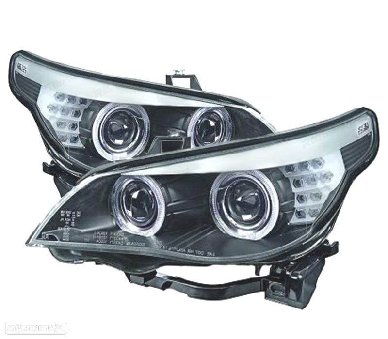 FARÓIS ANGEL EYES BMW E60 E61 07-10 LED PRETO TRANSPARENTE - 1