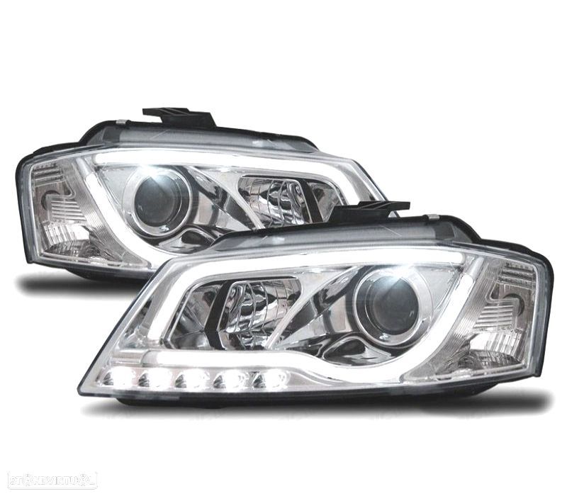 FARÓIS COM LUZ DIURNA TFL AUDI A3 8P 08-12 FUNDO CROMADO - 1