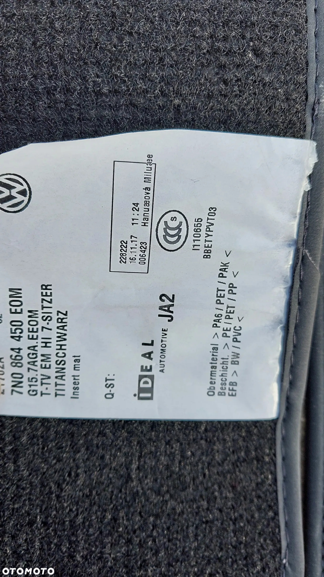 VW SHARAN II 7N 15 R DYWANIKI WELUROWE KOMPLET NA TYL 7N0864450 - 3