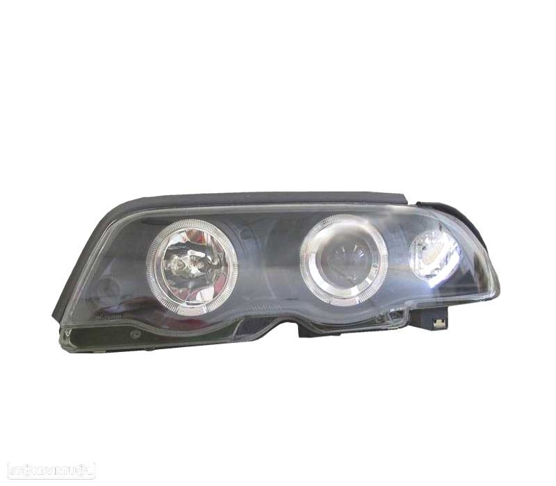 FARÓIS FRONTAIS BMW E46 4P 98-01 ANGEL EYES FUNDO PRETO - 2