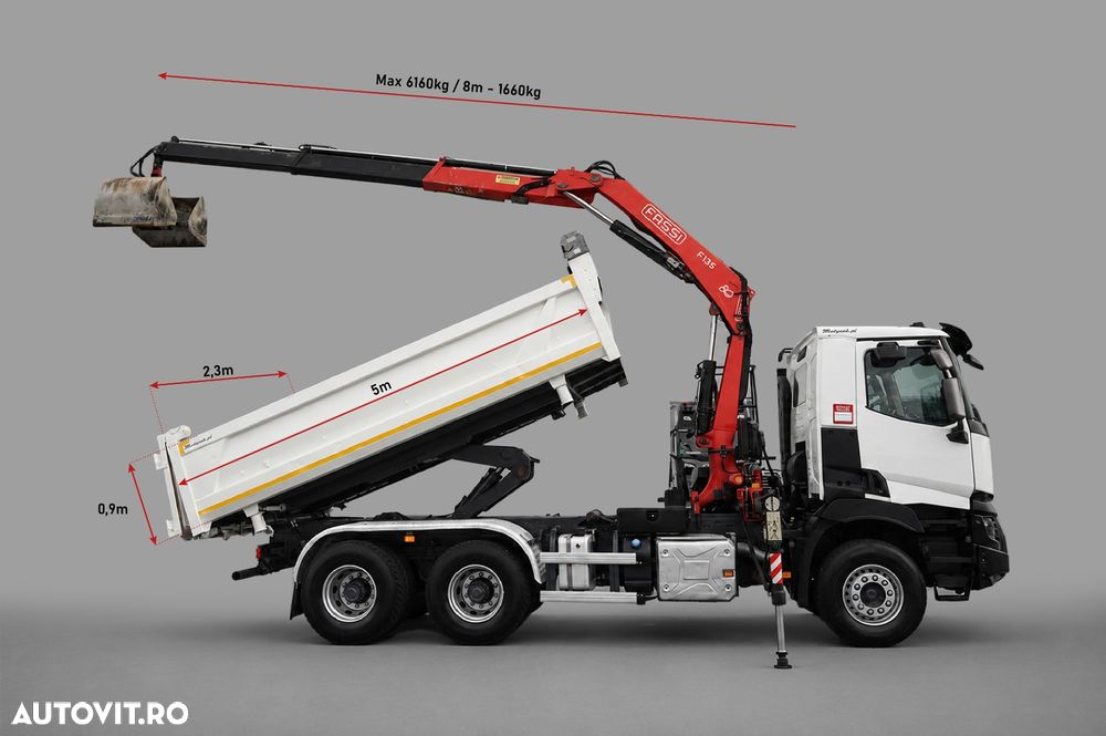 Renault C 430 / 6x4 / BASCULĂ CU 2 LATE / CUPLĂ HIDRAULICĂ + FASSI F155.A0.22 HDS / RADIOCOMANDĂ / ROTATOARE / CUPĂ / EURO 6 / - 3