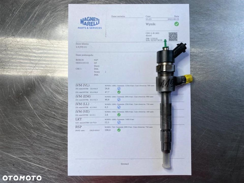 WTRYSKIWACZ TEST 1.9 JTD 0445110119 WYDRUK SPRAWDZONE IMA FIAT STILO DOBLO ALFA ROMEO 166 156 - 1
