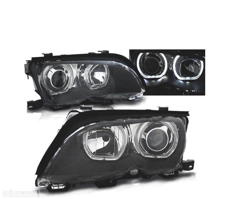 FARÓIS BMW E46 01-05 ANGEL EYES LED PRETO - 1