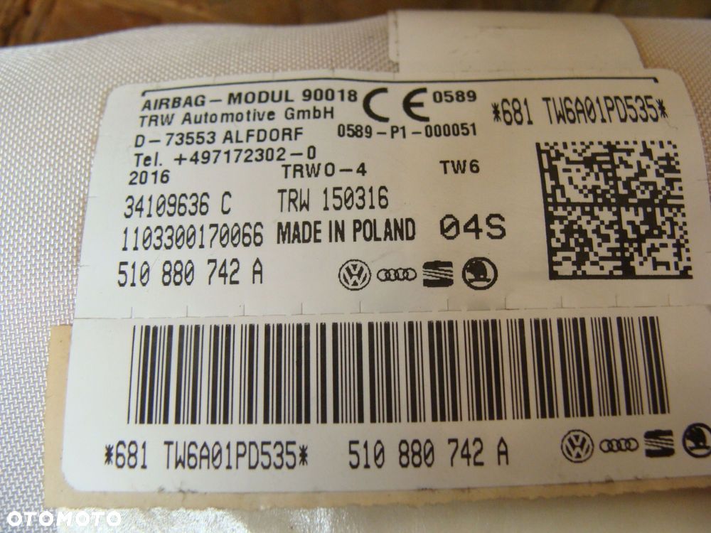 kurtyna powietrzna prawa airbag vw golf vii 7 sportsvan 510880742a !! - 3