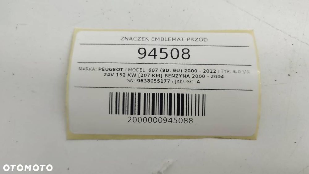 ZNACZEK EMBLEMAT PRZÓD PRZEDNI PEUGEOT 607 9638055177 - 8