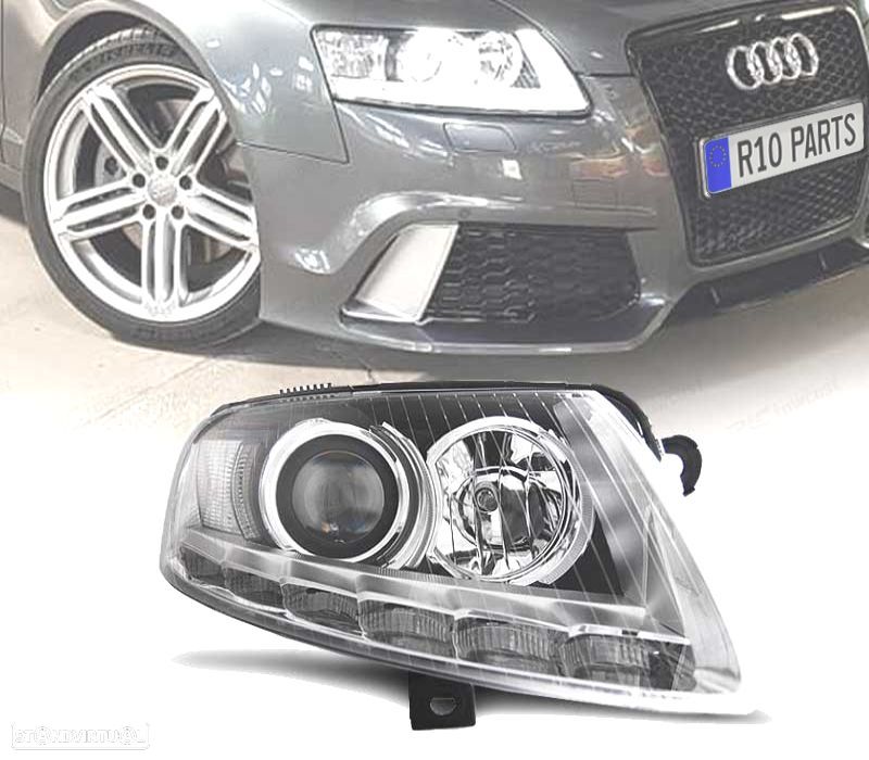 FARÓIS AUDI A6 C6 04-08 XENON LUZ DIURNA LED DRL CROMADOS - 1