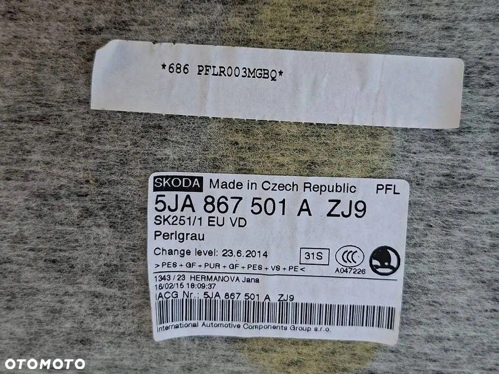 Skoda Rapid 2018r HATTCHBACK Podsufitka 5JA867501A ORYGINAŁ PERLGRAU - 2