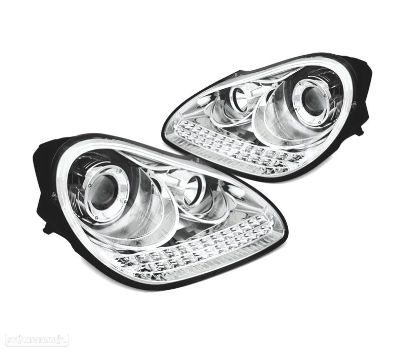 FAROIS FRONTAIS PARA PORSCHE CAYENNE 02-06 LUZ DIURNA XENON FUNDO CROMADO - 1