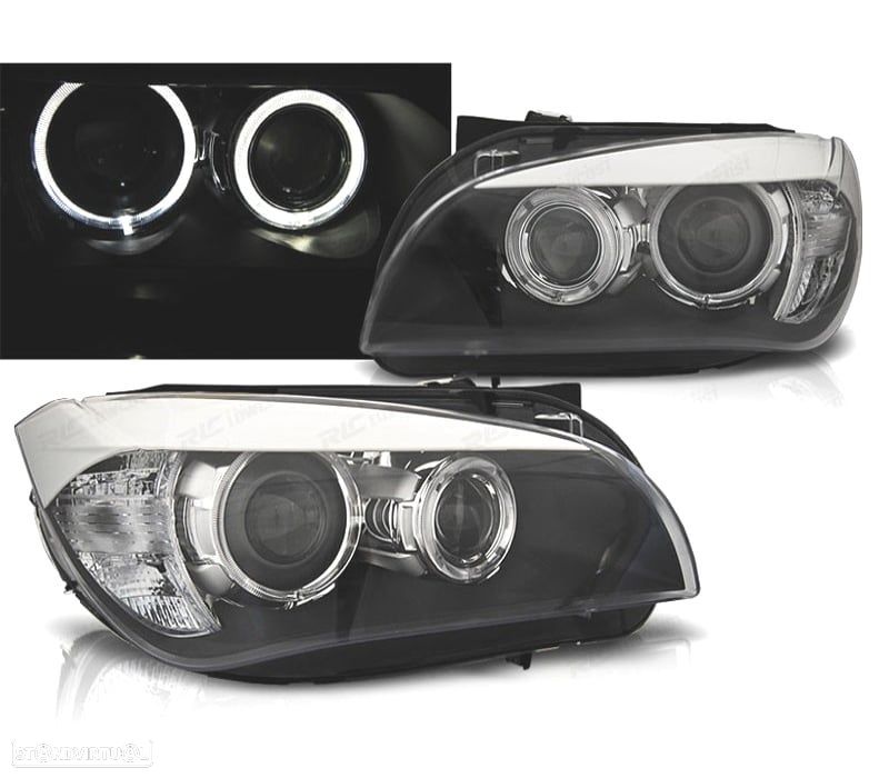 FARÓIS FRONTAIS BMW X1 09- OLHOS DE ANGEL LED FUNDO PRETO - 1