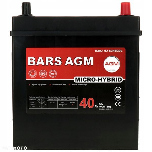 Akumulator Bars HYBRID AGM 40AhP 400A B20J HJ-S34B20L Start-Stop - 12,2kg - 3