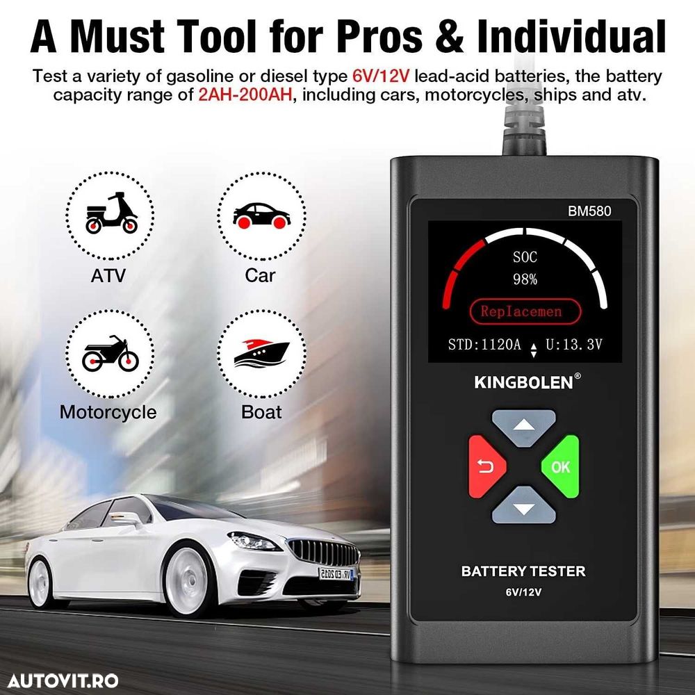 Tester auto bateri utilitare tensiune 6/12V, baterie 2-220Ah, BM580 - 5