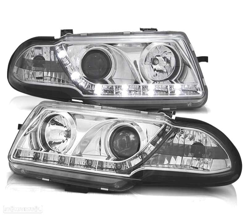 FARÓIS COM LUZ DIURNA OPEL ASTRA F 94-98 FUNDO CROMADO - 1