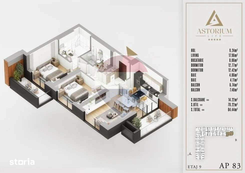 De Vanzare Apartament 3 camere, 84.44 mp – Astorium Life, Etaj 9 — fotografia 3