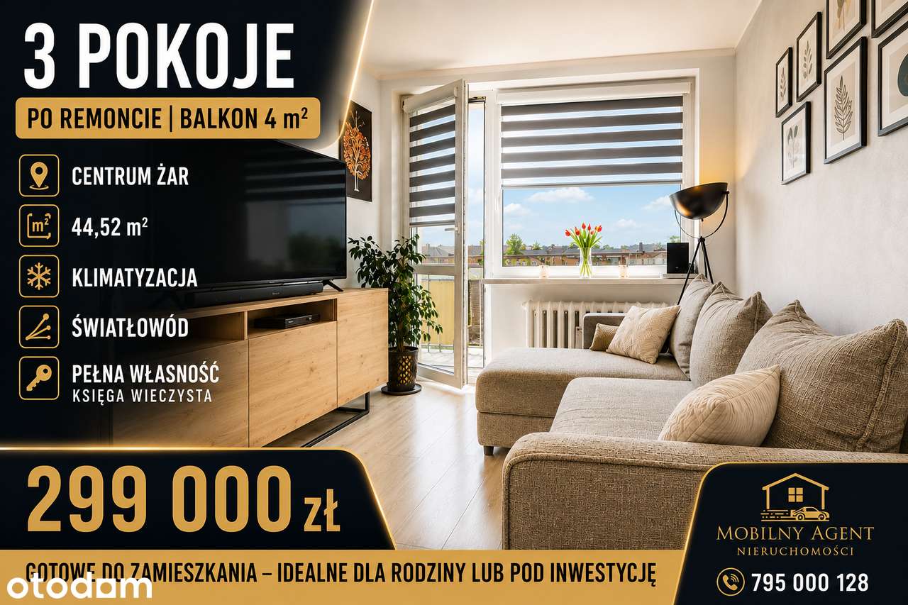 3 pokoje po remoncie | Balkon 4 m² | Centrum Żar | Klimatyzacja