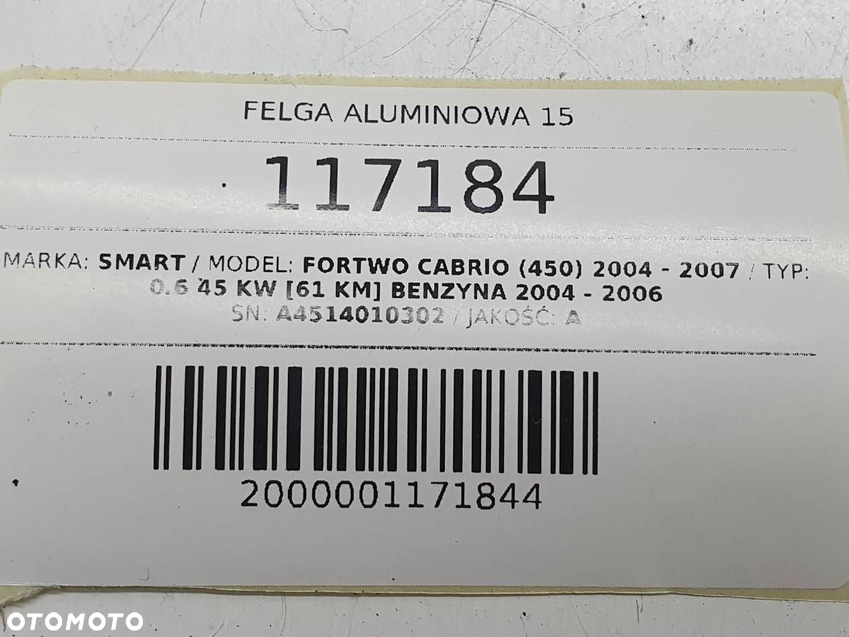 FELGA ALUMINIOWA 15 PRZÓD SMART FORTWO 450 451 3X112 5J ET34 A4514010302 - 9