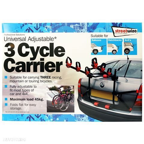 Suport bicicleta Streetwize pentru 3 biciclete cu prindere pe haion (Hatchback si Combi), capota spate (Sedan/Berlina), 4x4 - 3