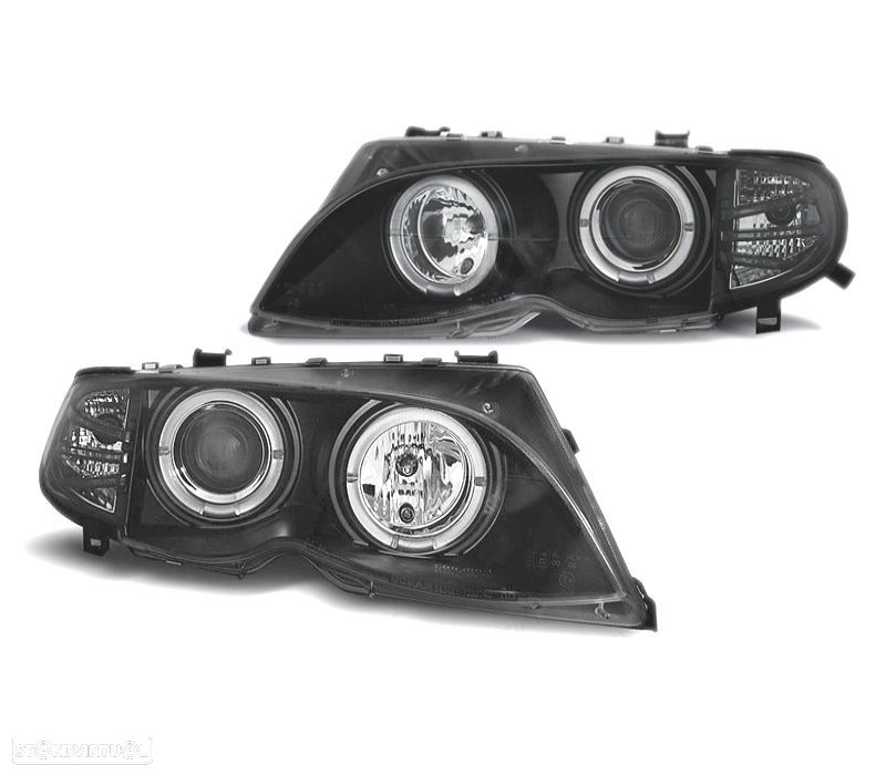 FARÓIS BMW E46 01-05 ANGEL EYES FUNDO PRETO - 2