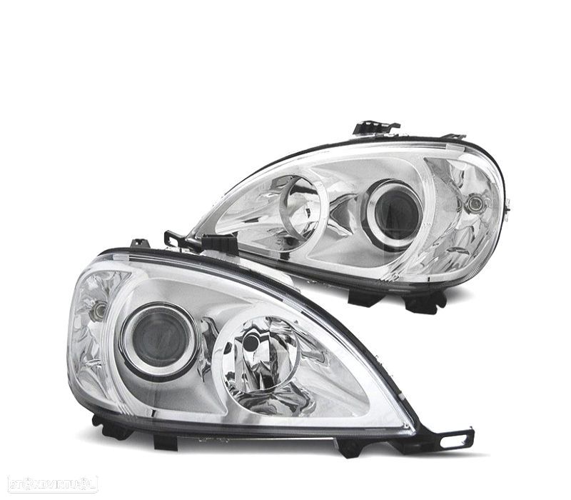 FARÓIS MERCEDES CLASSE ML W163 98-01 LOOK RESTYLING FUNDO CROMADO - 1
