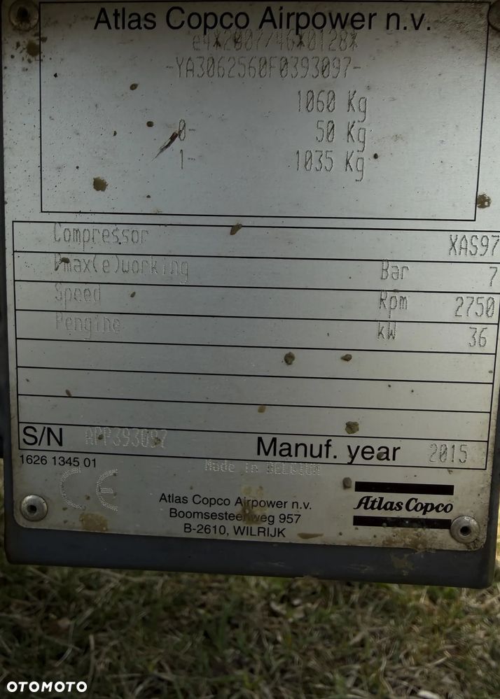 Atlas Copco XAS 97 Kompresor Śrubowy. Sprężarka. 5,5m3. Przyczepa mobilna jezdna do rejestracji. Silnik Deutz! jak Nowy 786 mtg. 2016rok. Import Norwegia! Chłodnica cyklonowa! NAOLEJACZ. Serwisowany w DEKRA Hamulec najazdowy. Opony z 2025roku. Zadbana Maszyna! OKAZJA - 4
