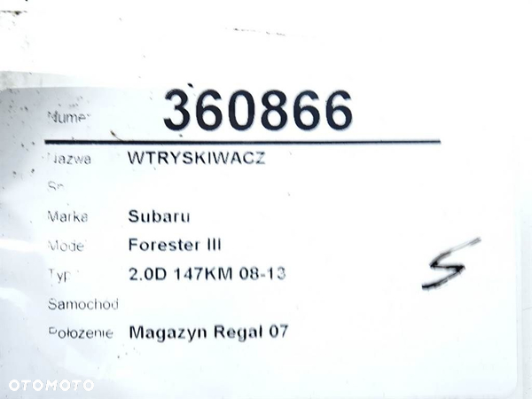 WTRYSKIWACZ  SUBARU FORESTER (SH_) 2007 - 2022 2.0 D AWD (SHH) 108 kW [147 KM] olej napędowy 2008 - - 6