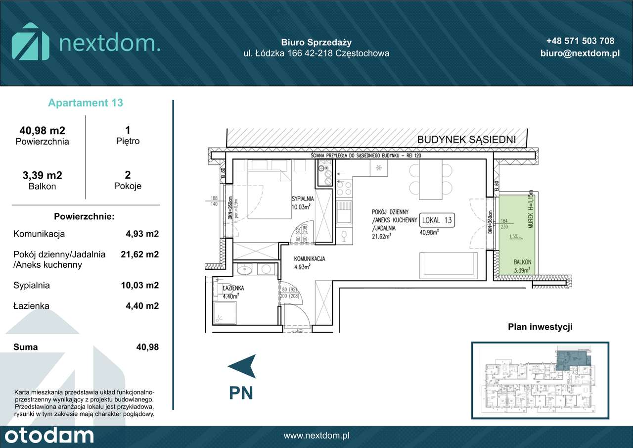 Apartament 13 - 40.98m2 + balkon 3.39m2 - Łódzka 166 Częstochowa - Pełny obrazek: 4/15