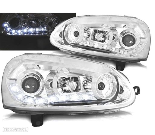 FARÓIS FRONTAIS LUZ DIURNA LED PARA VOLKSWAGEN VW GOLF V 5 JETTA 03- FUNDO CROMADO - 1