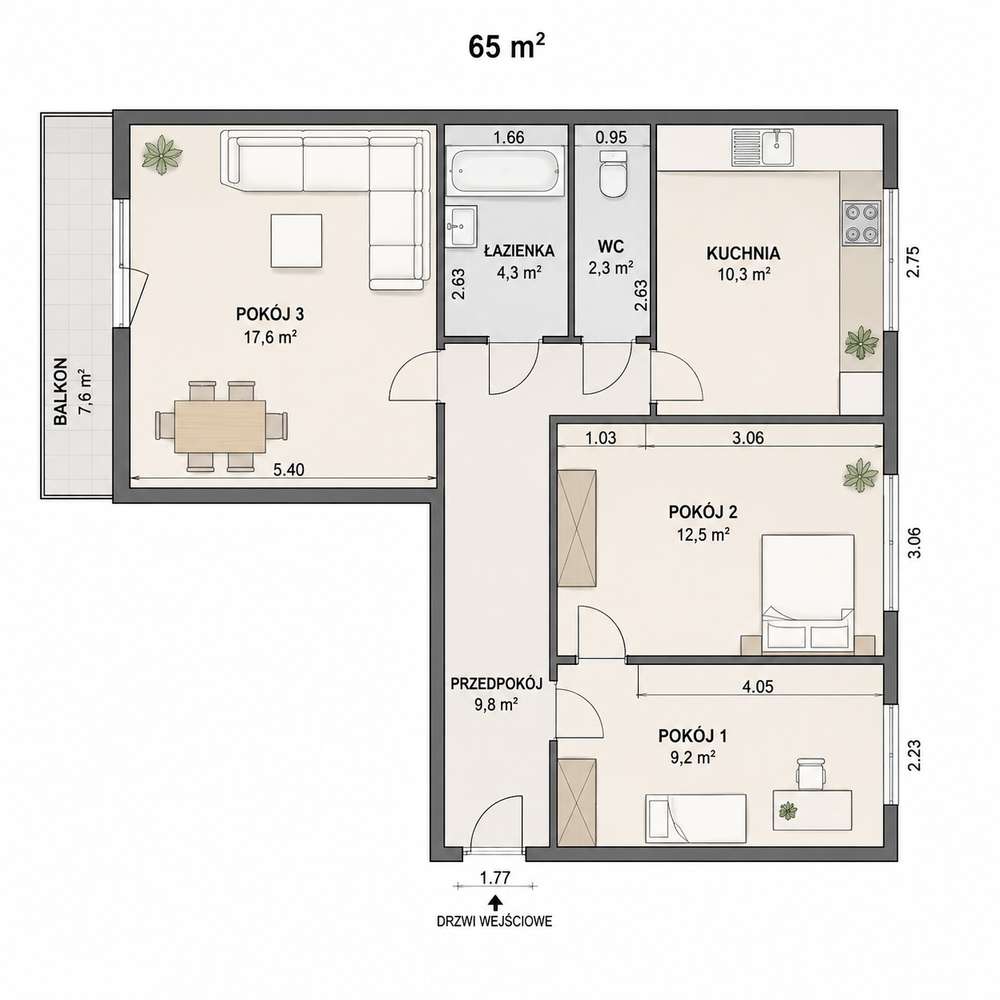 65 m² | 3 pokoje | bez prowizji |balkon z otwartym widokiem | cisza