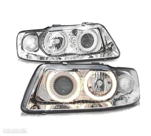 FARÓIS FRONTAIS PARA AUDI A3 8L ANGEL EYES 9/00-3/03 FUNDO CROMADO - 1