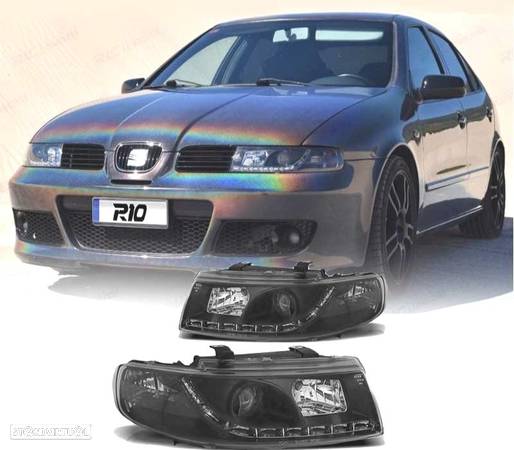 FARÓIS COM LUZ DIURNA PARA SEAT LEON TOLEDO 99-04 FUNDO PRETO - 2