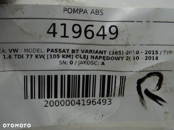 POMPA ABS VW PASSAT B7 Variant (365) 2010 - 2015 1.6 TDI 77 kW [105 KM] olej napędowy 2010 - 2014 - 5