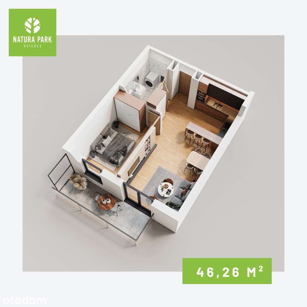 Funkcjonalne 2 pokoje - 46,26m2 | Duży balkon |Natura Park - Pełny obrazek: 2/7