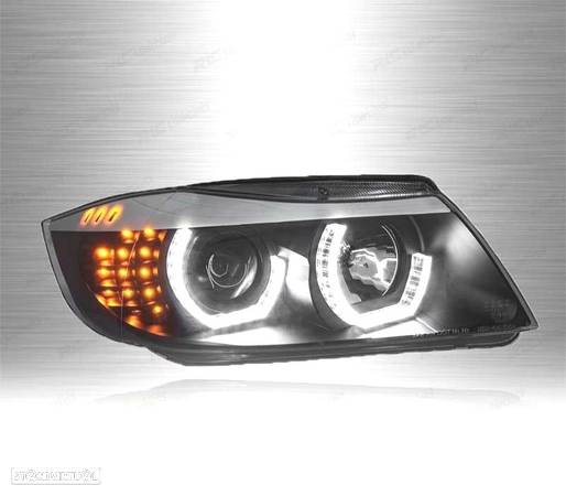 FARÓIS ANGEL EYES 3D LED + PISCA LED PARA BMW E90 E91 05-08 FUNDO PRETO - 3