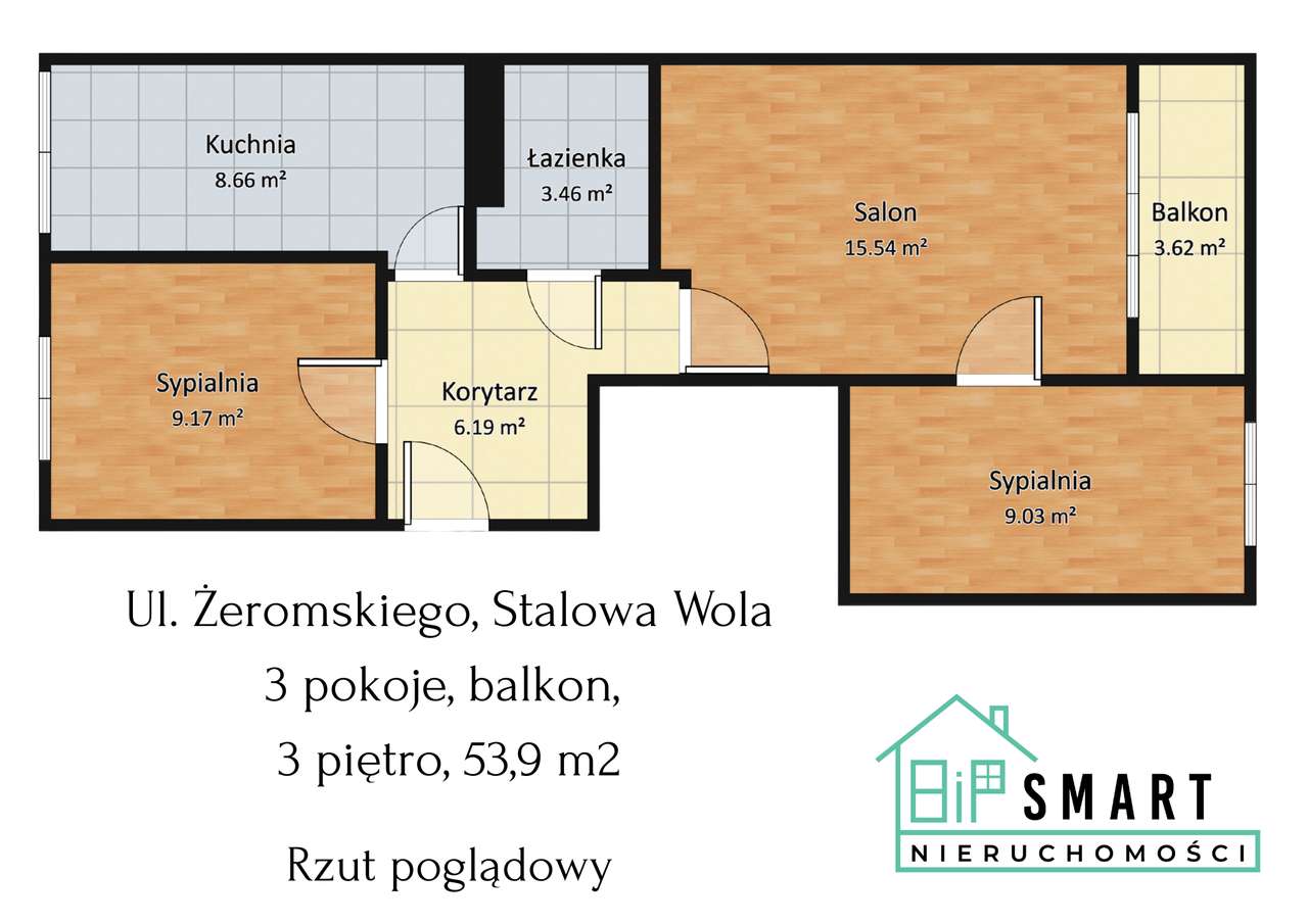 Mieszkanie, 3 pokoje,balkon, 53,9 m2, ul. Żeromskiego-8