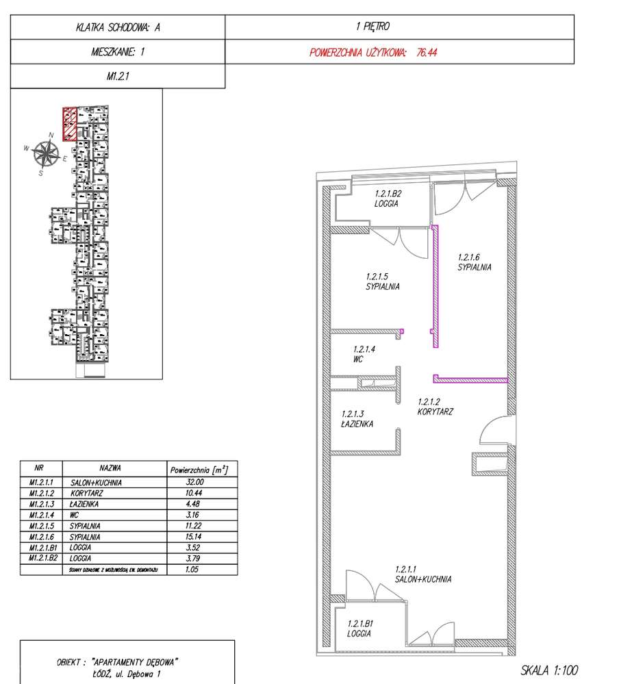 Apartament A1  - I piętro  - 3 pokoje  - ul. Dębowa Łódź - Pełny obrazek: 3/8