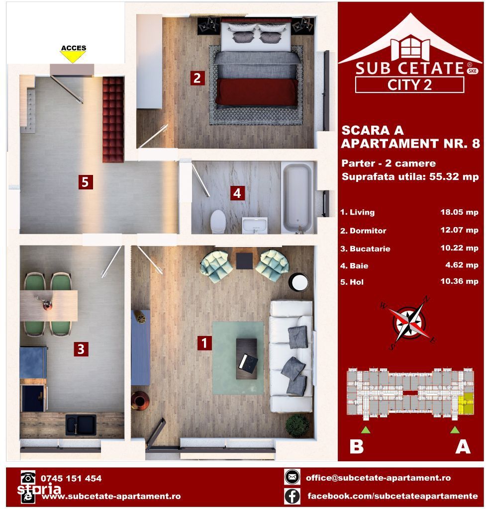 oferta imbatabila la Subcetate ap 2 camere 55 mp utili