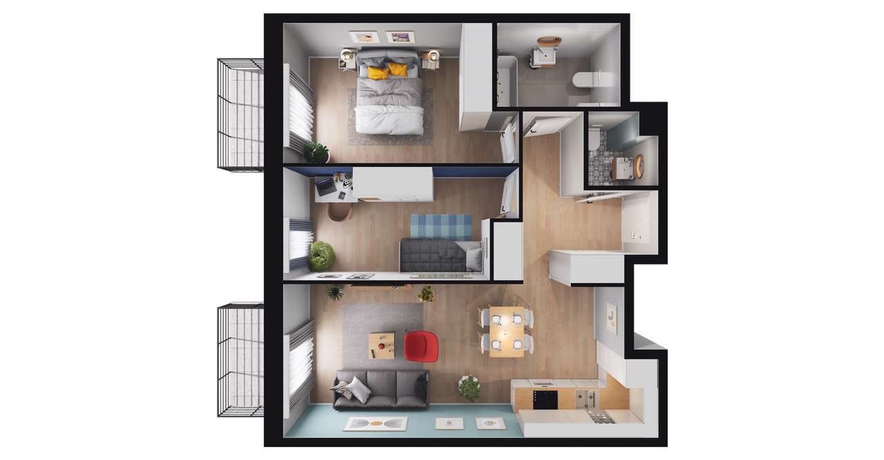 3-pokojowe mieszkanie 61m2 + 2 balkony - Pełny obrazek: 2/8