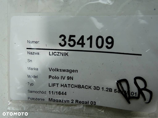 LICZNIK VW POLO (9N_, 9A_) 2001 - 2014 1.2 40 kW [54 KM] benzyna 2002 - 2007 6Q0920803E - 6