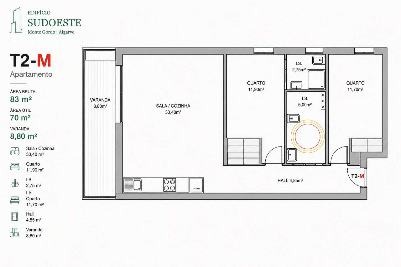 Apartamento T2 com Varanda | Edifício Sudoeste | Monte Gordo-1